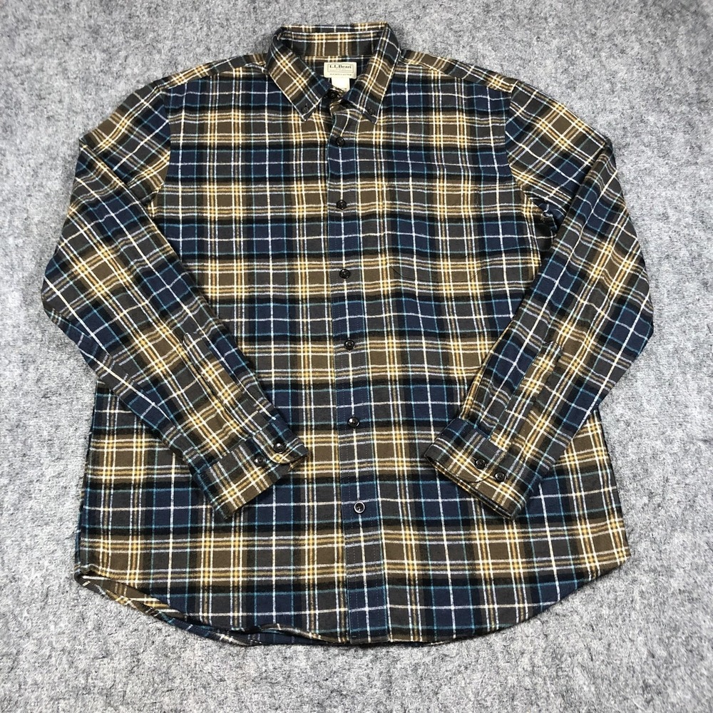 L.L.Bean Shirt Mens L Blue Yellow Plaid Flannel Button Down Long Sleeve Casual